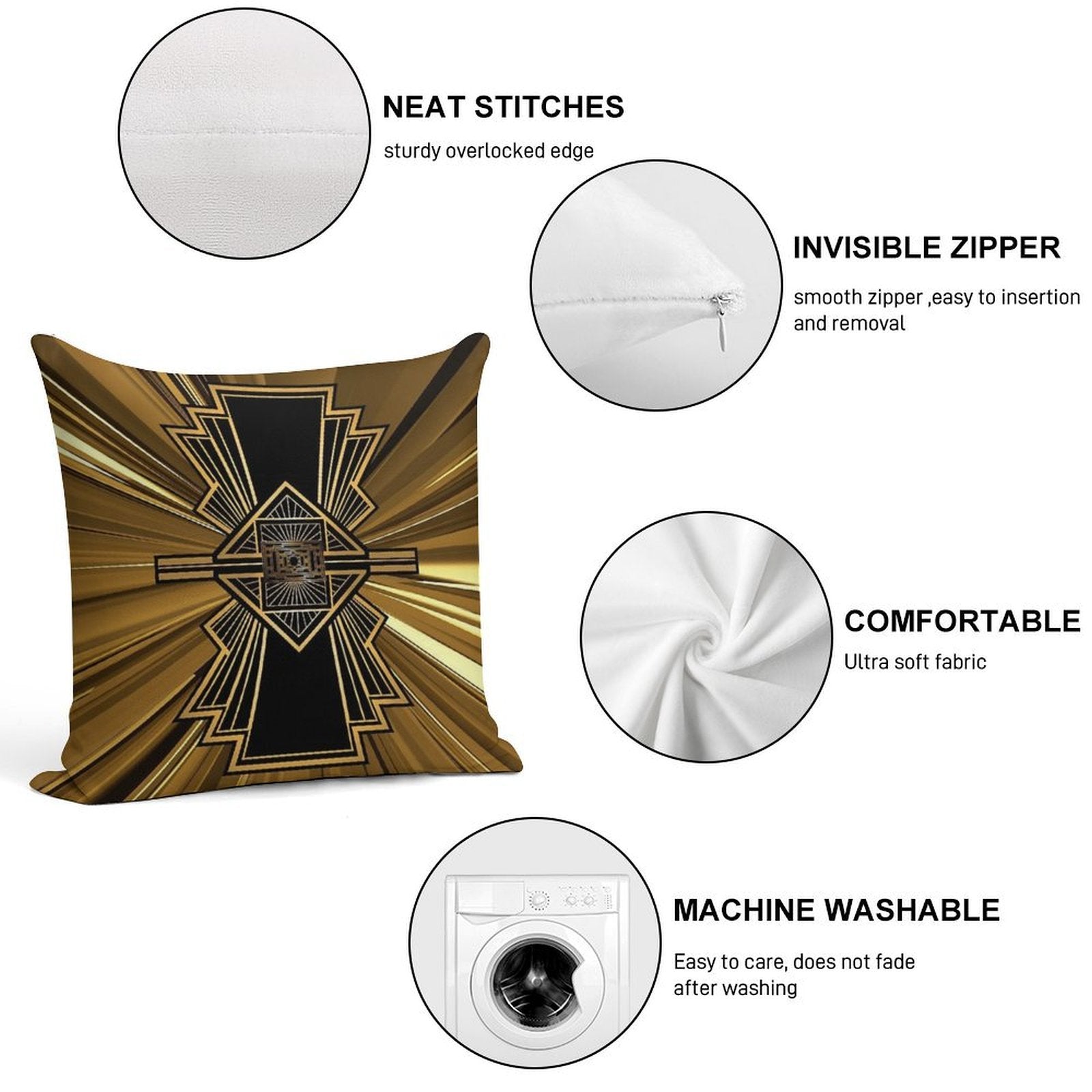 Art Deco Nouveau Black And Gold Shimmer Trendy Geometric Design Soft Short Plush Fabric Throw Pillow