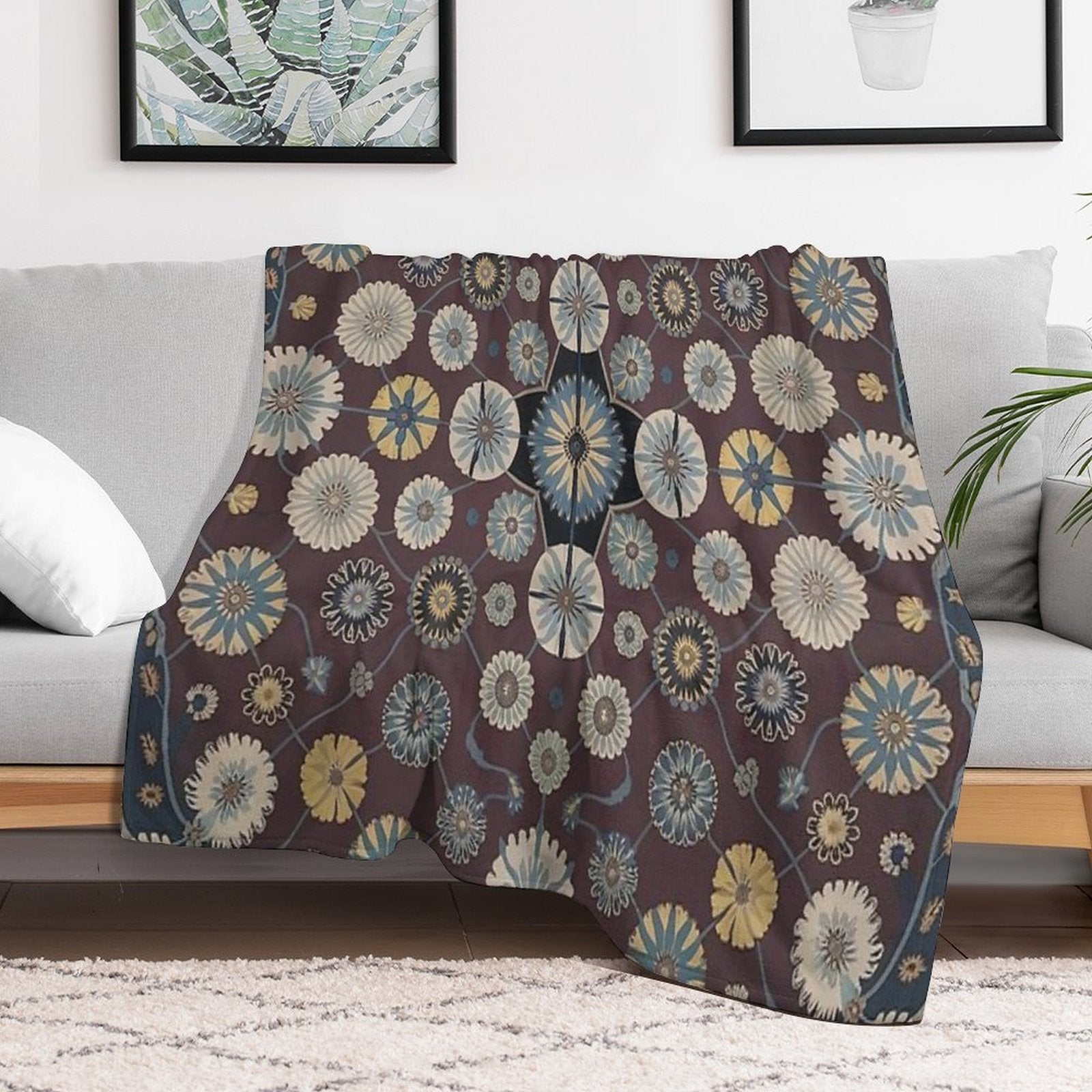 Rich Burgundy Floral Pattern with Cream Details Velvety-soft Throw Blanket