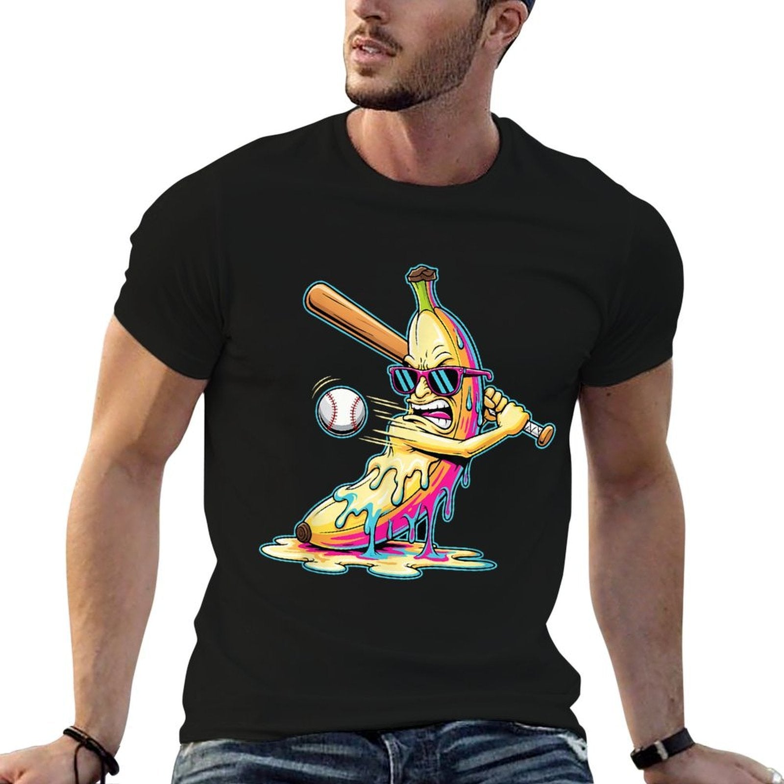 Funny Banana Swinging Baseball Funny Drip Artwork Art  Tagless Design T-Shirt