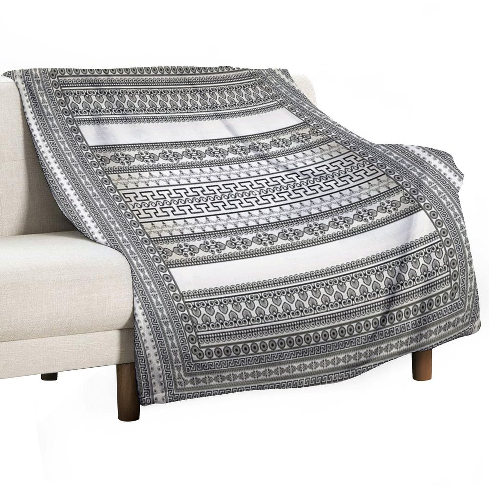 Greek Key Border Cream White Black Floral Premium Throw Blanket
