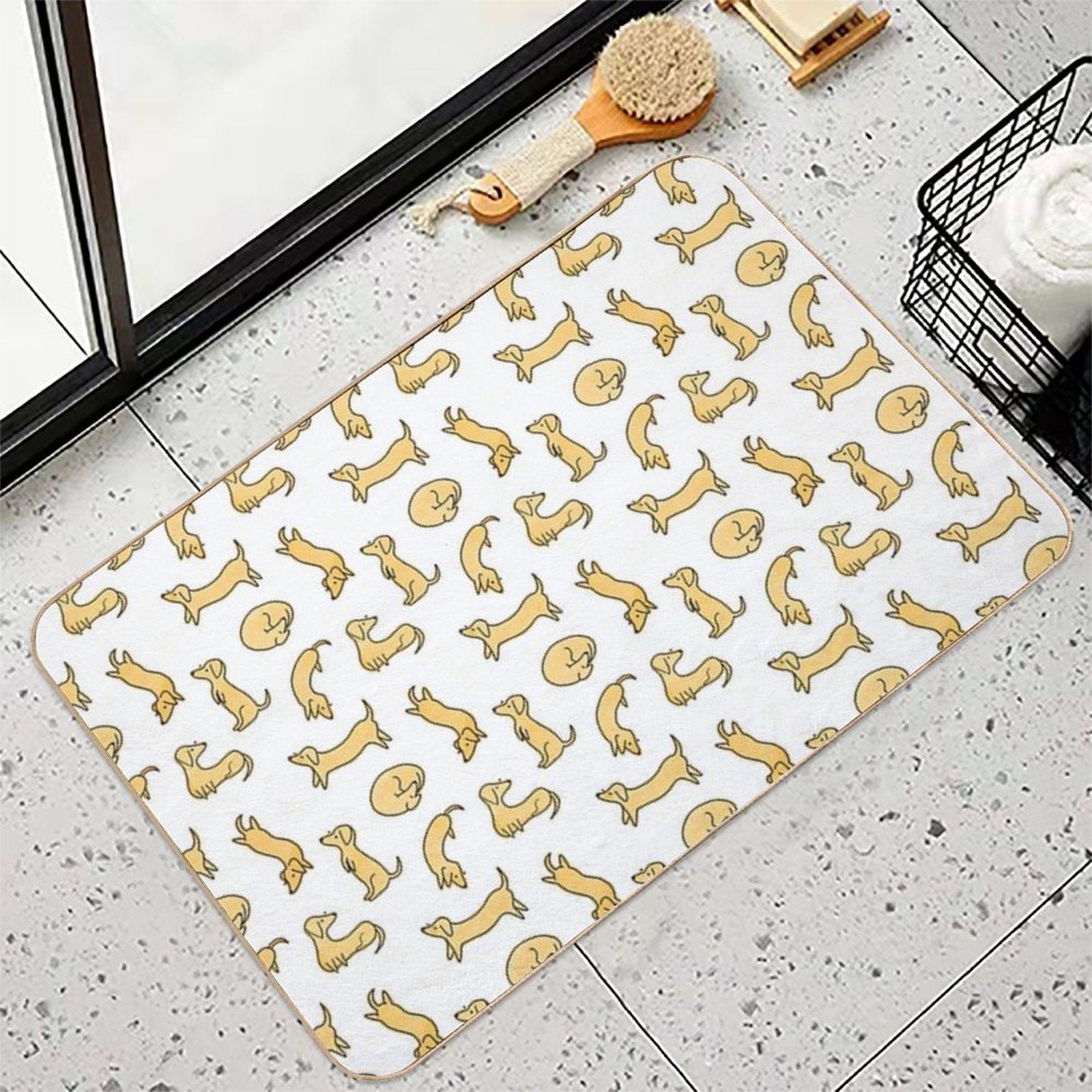 Miniature Dachshund  Sausage Dog Illustrated Yellow Pattern  Fade-Resistant Bath Mat