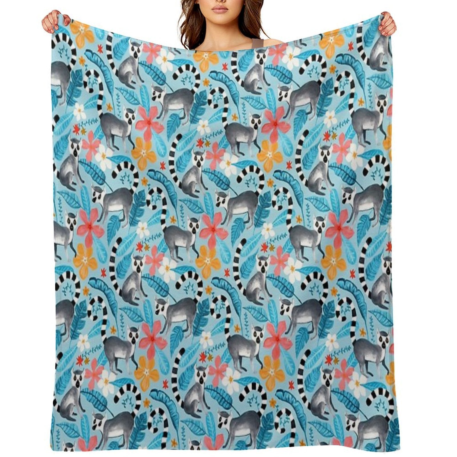 Gouache Lemur Land on Blue All-season Throw Blanket