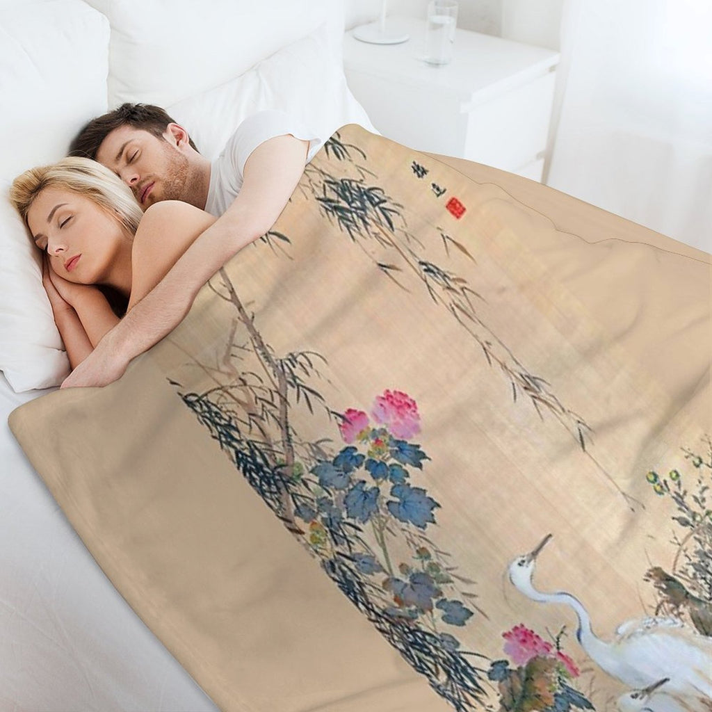 Egrets, Peonies, And Willows (Restored Japanese Artwork) Machine-washable Throw Blanket