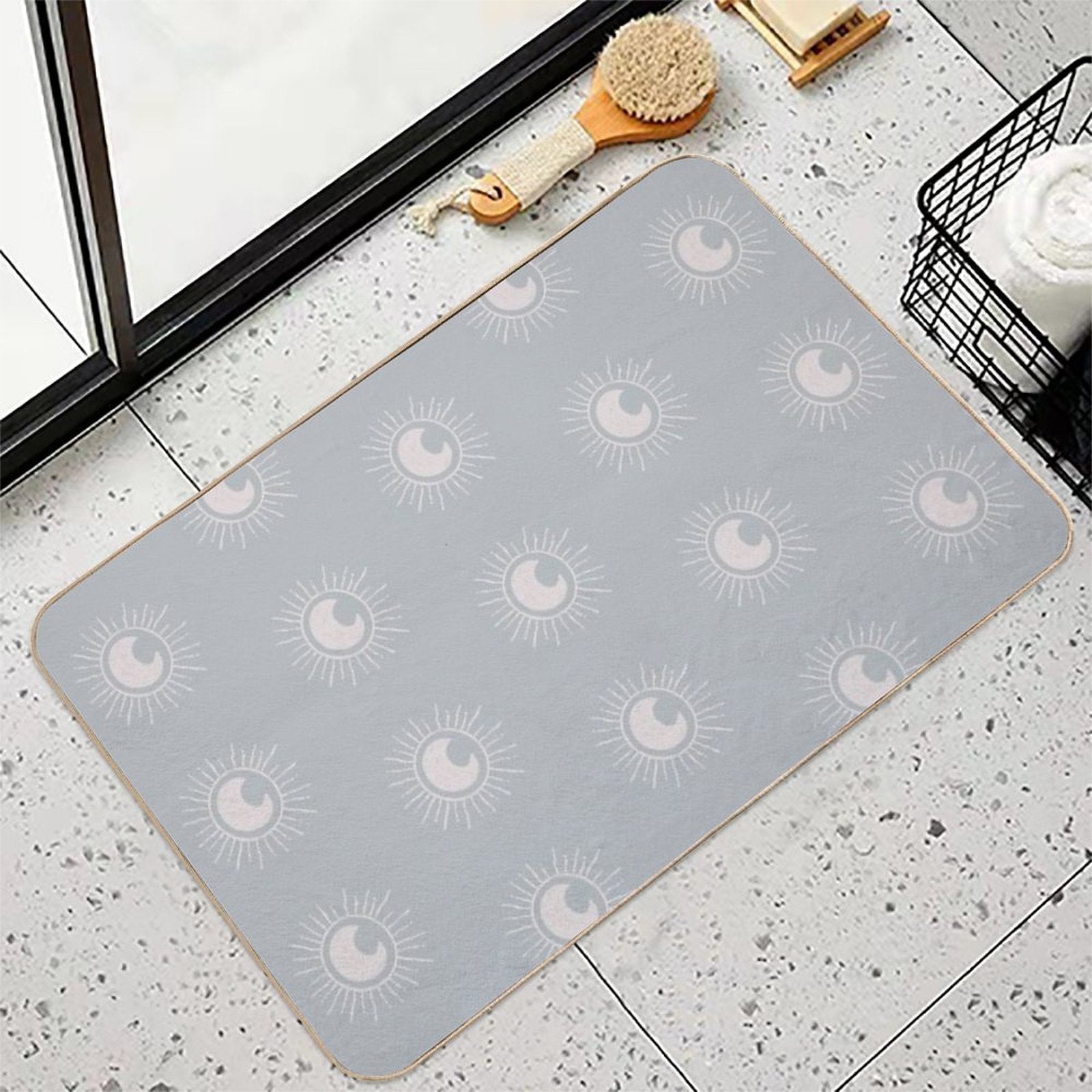 Boho Sun And Moon Pattern Bohemian Aesthetic In Muted Colors Muted Teal  Long-Lasting Bath Mat