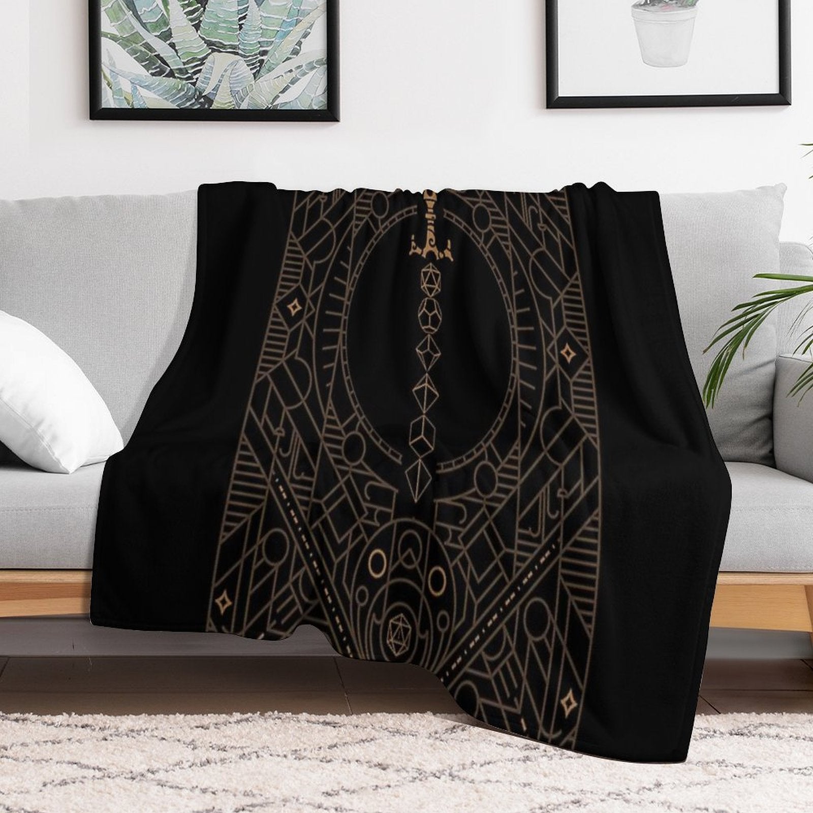 Polyhedral Dice Sword Vintage Minimalist Geometry Versatility Throw Blanket