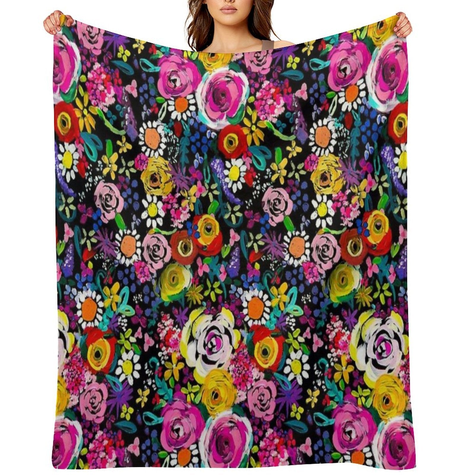 Les Fleurs Vibrant Floral Painting Print Lightweight Throw Blanket