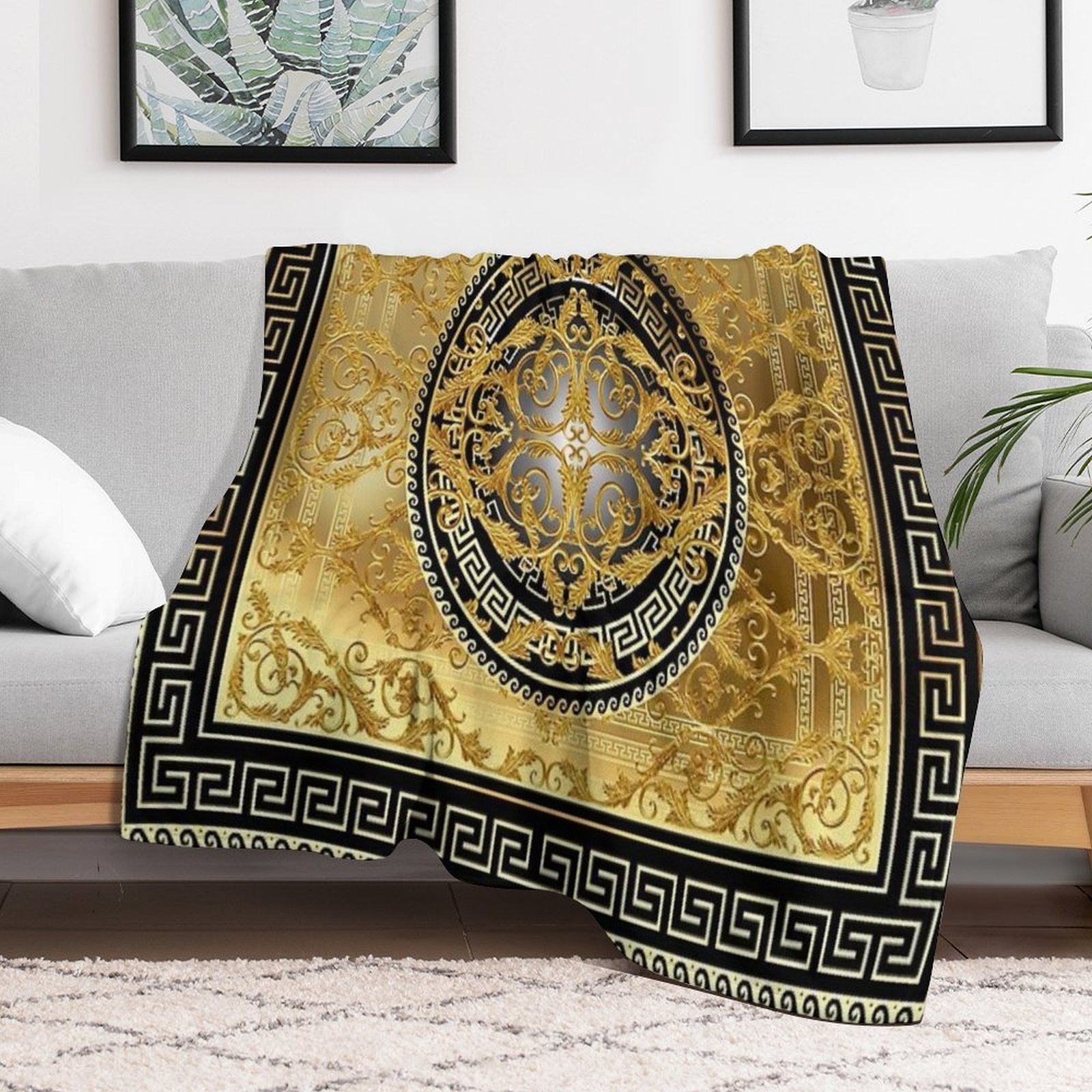 Ornate Baroque Black Gold Greek Keys Meander Travel-friendly Throw Blanket
