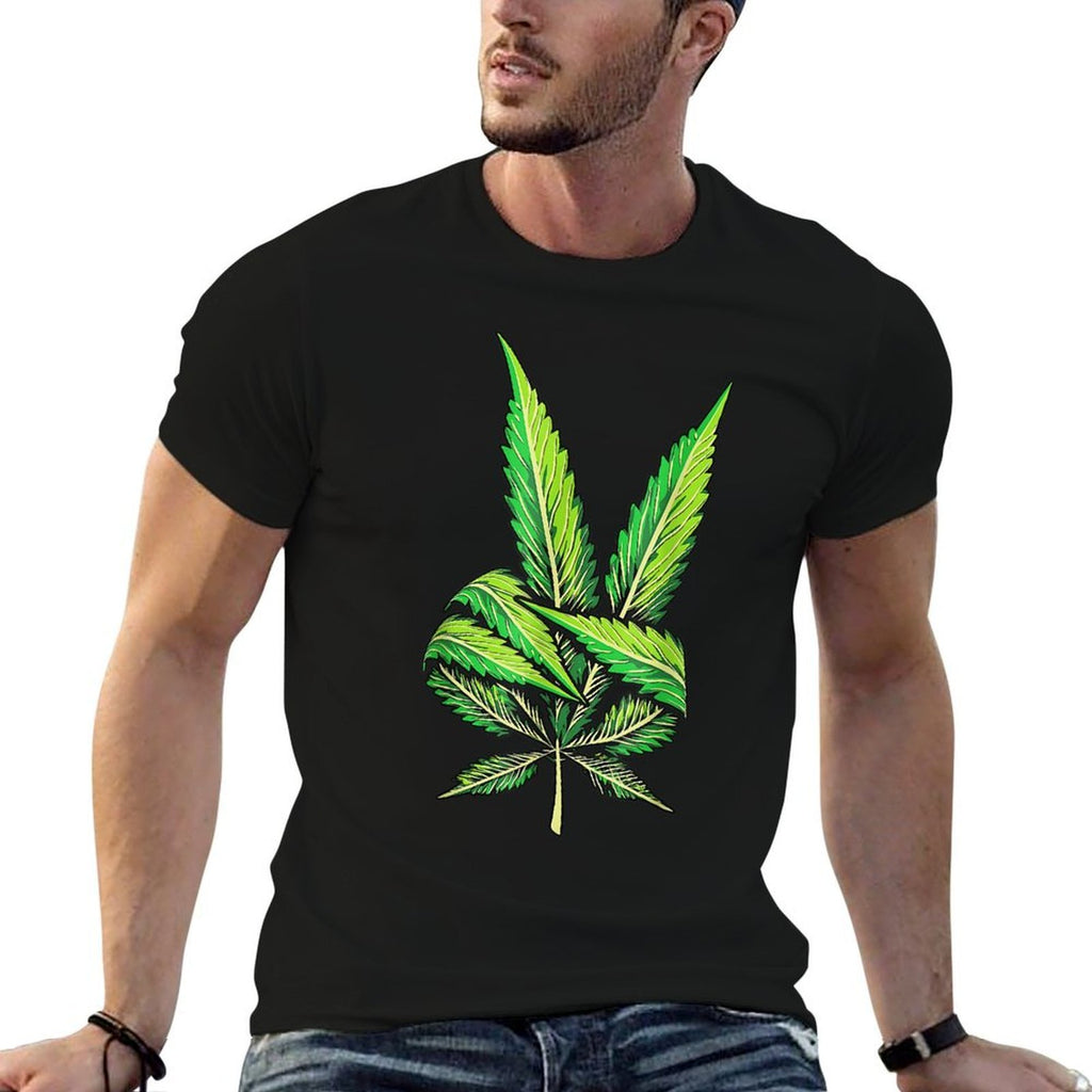 Weed Leaf Marijuana Leaf Hand Peace Sign Hand 420 Cannabis  Eco-friendly Material T-Shirt