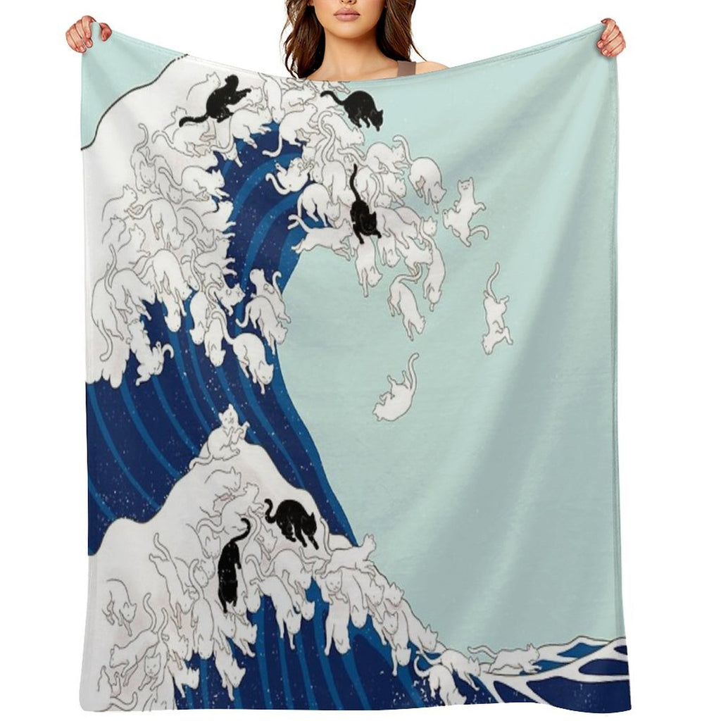 Cats The Great Wave in Blue Art Print Eco-conscious Throw Blanket