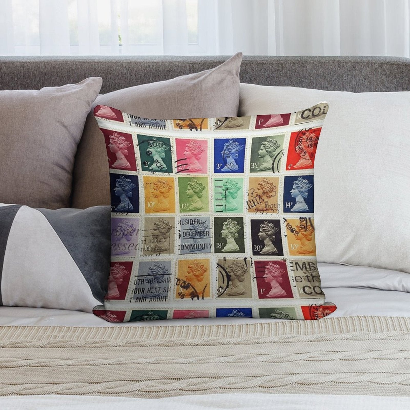 British Postage Stamps with A Queen Elizabeth Profile. Soft Luxury Feel Throw Pillow