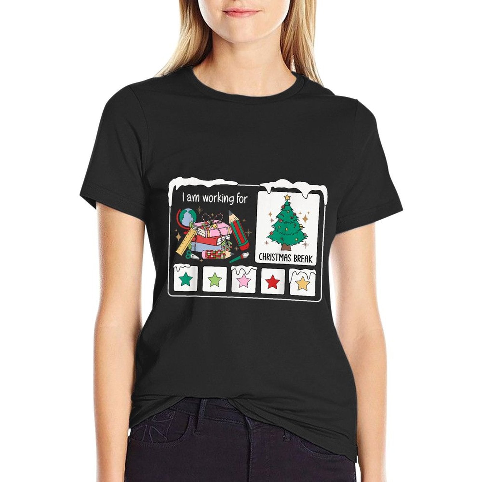 I Am Working for Christmas Break 5 Stars Xmas Tree Teacher  Slim-fit Cut T-Shirt