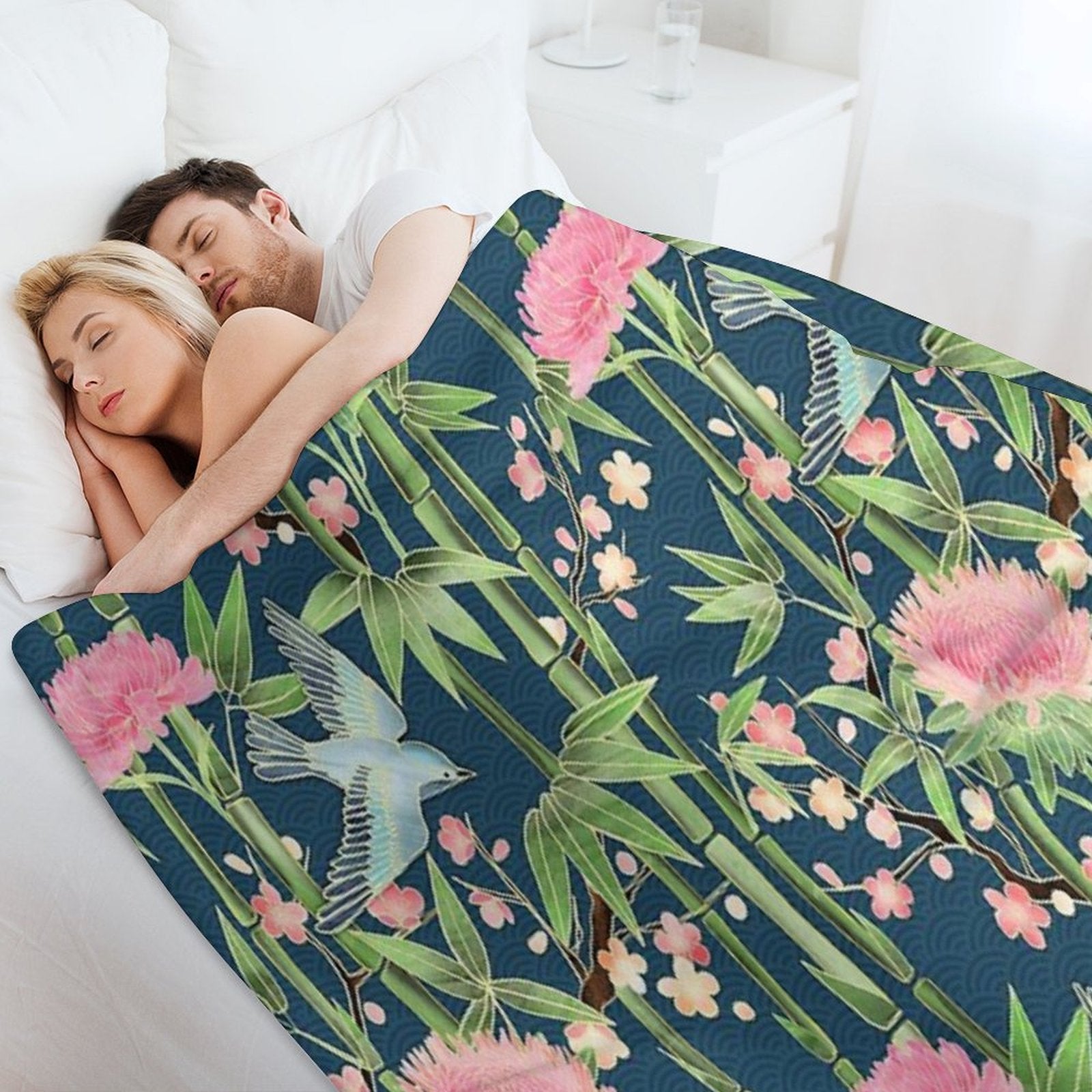 Bamboo, Birds And Blossom - Dark Teal Velvety-soft Throw Blanket