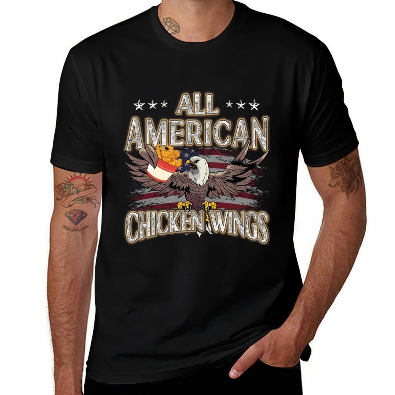 All Patriotic Chicken Wings American USA 4th of July  Rolled Sleeves T-Shirt