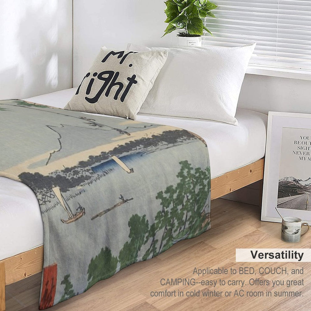 Cherry Blossoms on Spring River Ukiyo-e Japanese Art Gift-ready Throw Blanket