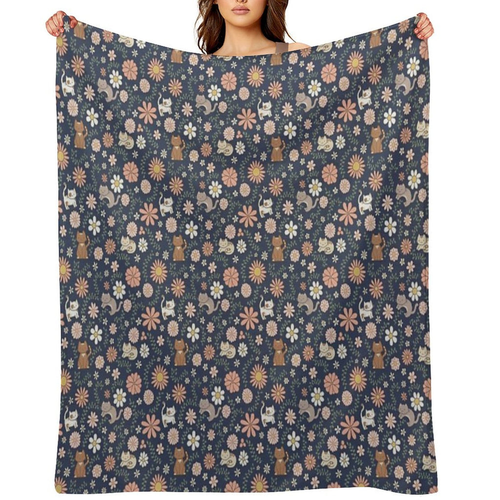 Flower Meower (Navy) Travel-friendly Throw Blanket