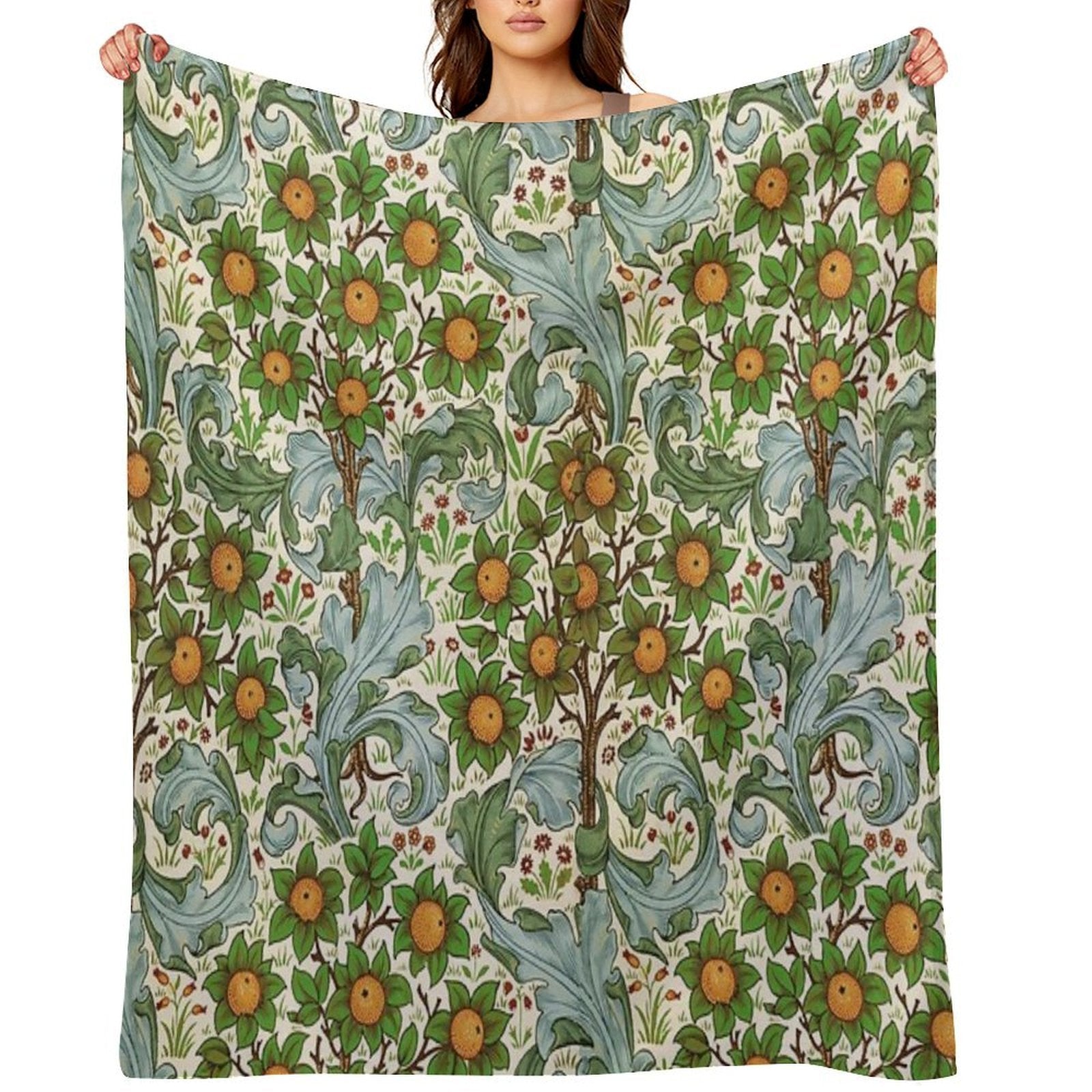 ORANGE TREE WITH BLUE GREEN LEAVES ,FLOWERS Soft Floral Art Nouveau Pattern Anti-pilling Throw Blanket