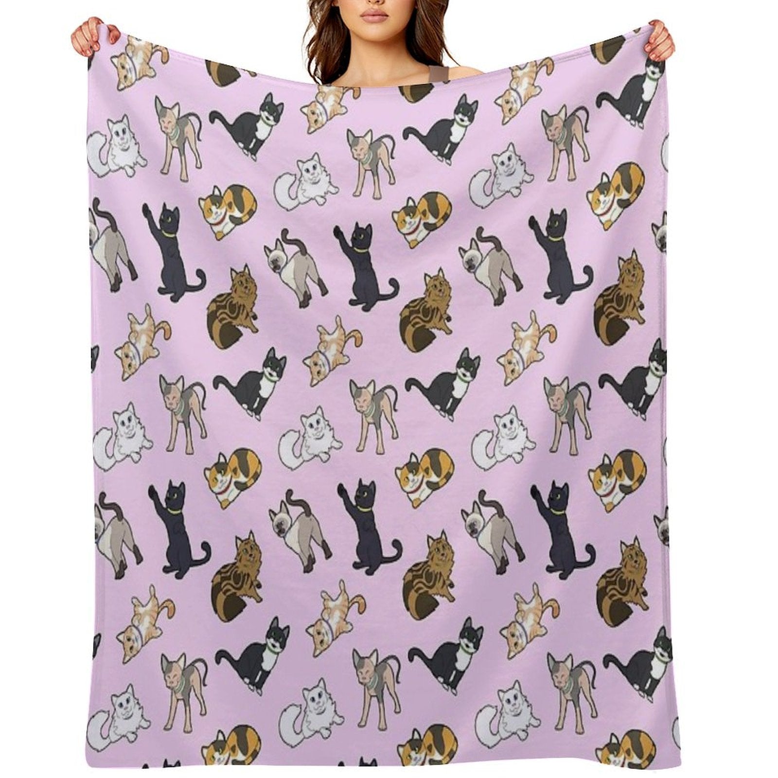 Cat Pattern - Pink Machine-washable Throw Blanket