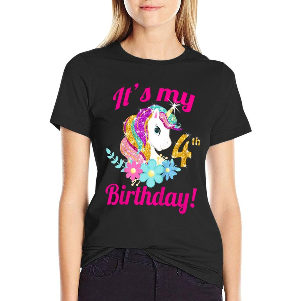 Kids Its My Birthday Girl Unicorn 4th (4 Year Old) Outfit  Wrinkle-resistant T-Shirt