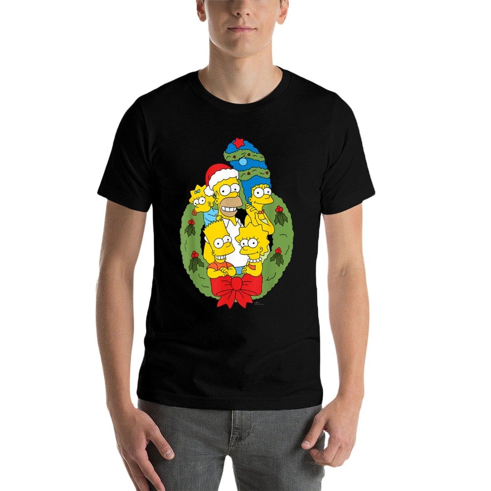 The Simpsons Unisex - Holiday Family Christmas Wreath - Black - Small -  Durable T-Shirt