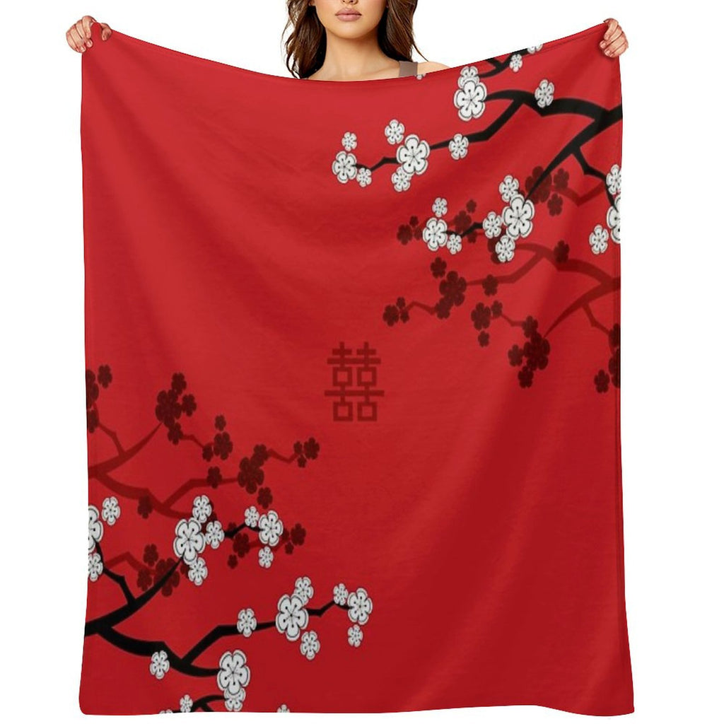 White Oriental Cherry Blossoms on Red And Chinese Wedding Double Happiness  Japanese Sakura © Fatfatin Compact Throw Blanket