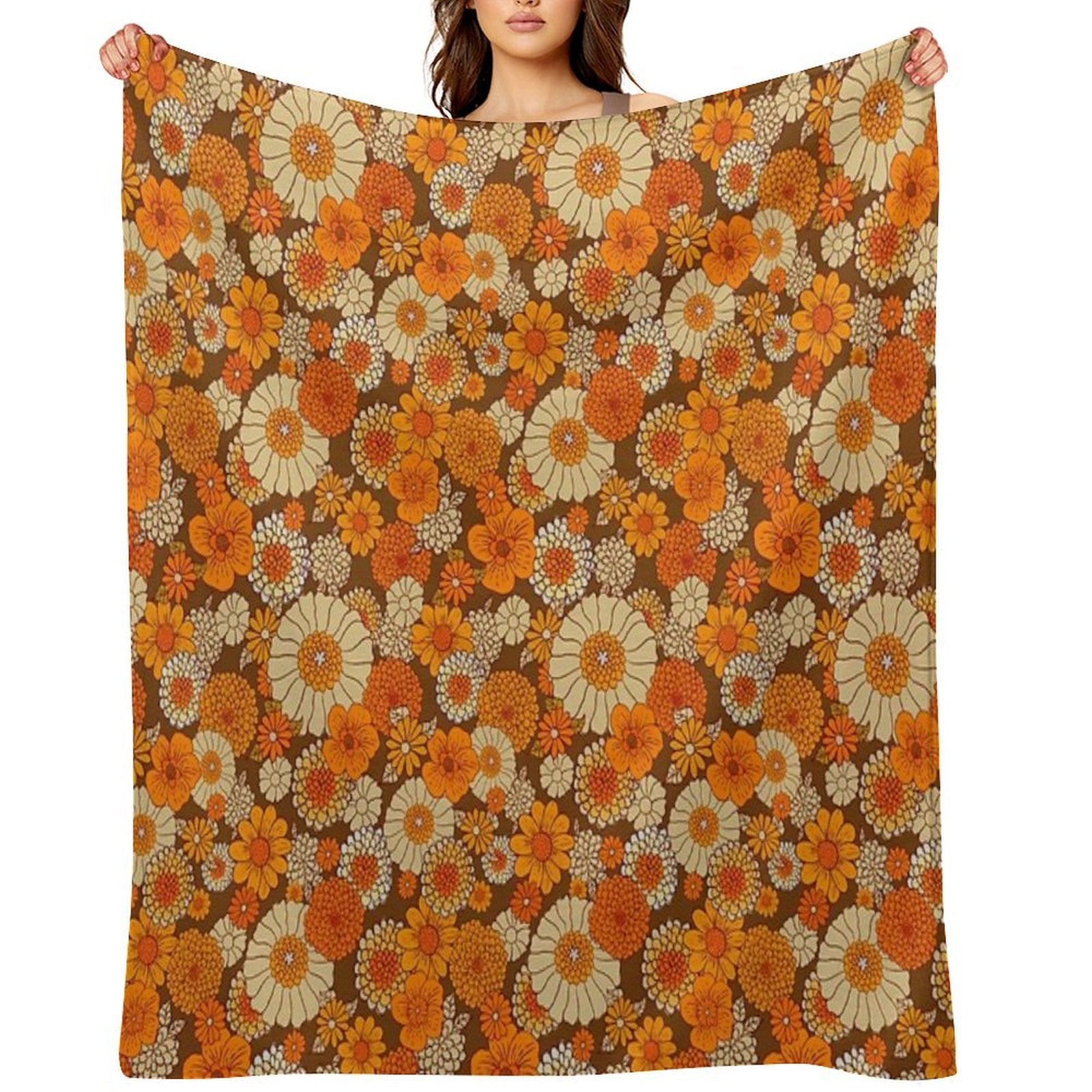 70s Retro Daisies, Vintage Flower Power, Orange And Brown, Boho, Premium Throw Blanket