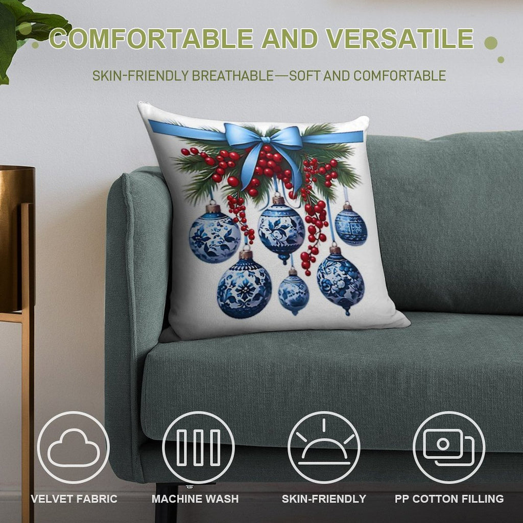 Chinoiserie Christmas Holiday. Blue And White Soft Shrink-Resistant Throw Pillow