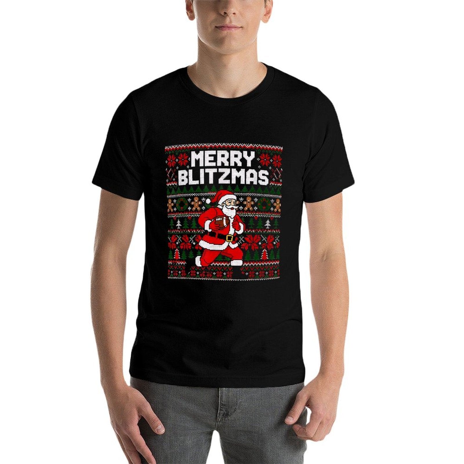 Christmas Merry Blitzmas Santa Football Ugly Sweater Style Comfortable T-Shirt