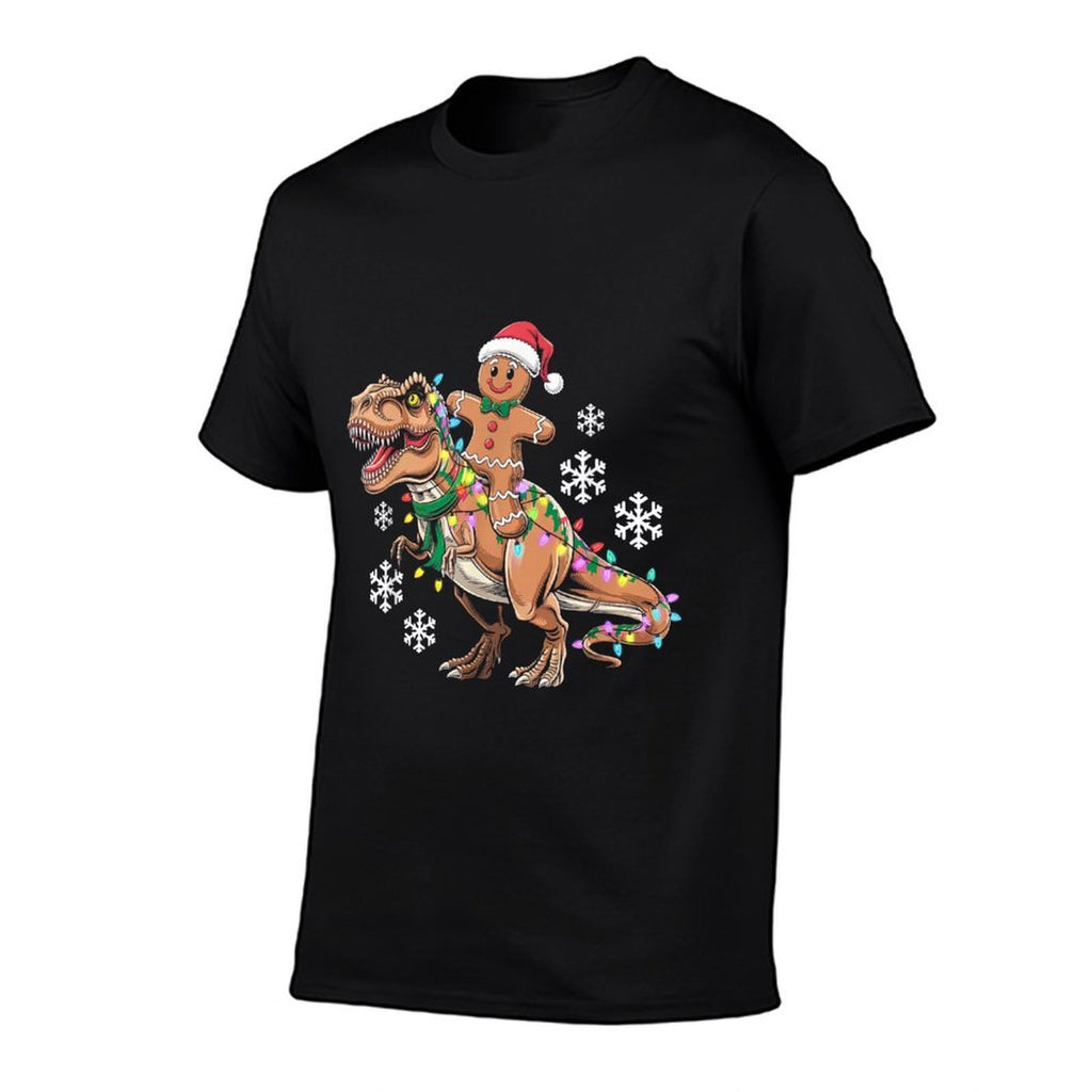 Funny Gingerbread Man Cookie Riding T-Rex Dinosaur Christmas  High-quality Stitching T-Shirt