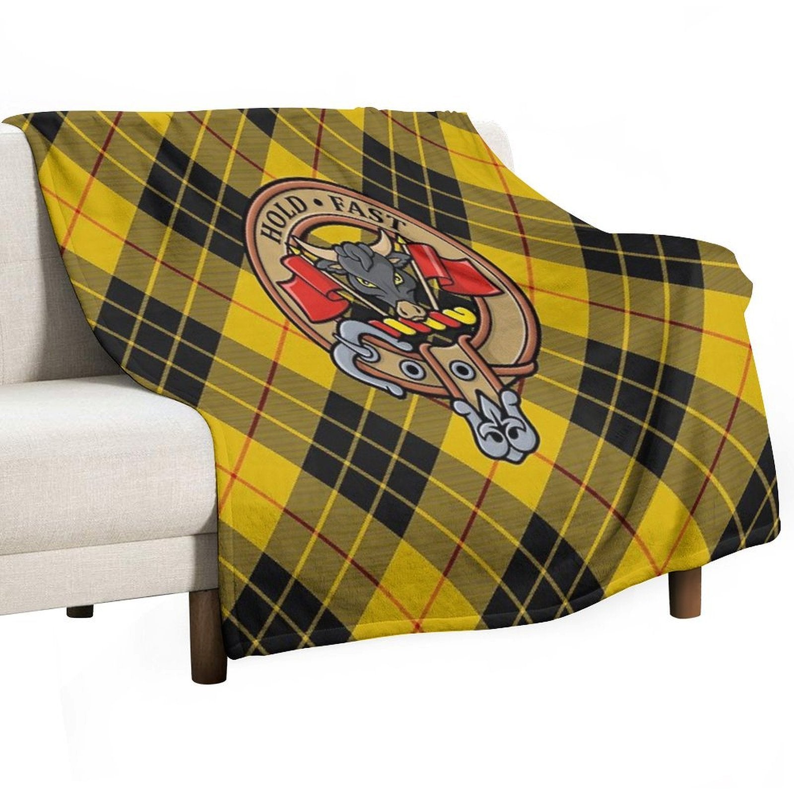 Clan MacLeod Crest over Yellow Tartan Premium Throw Blanket