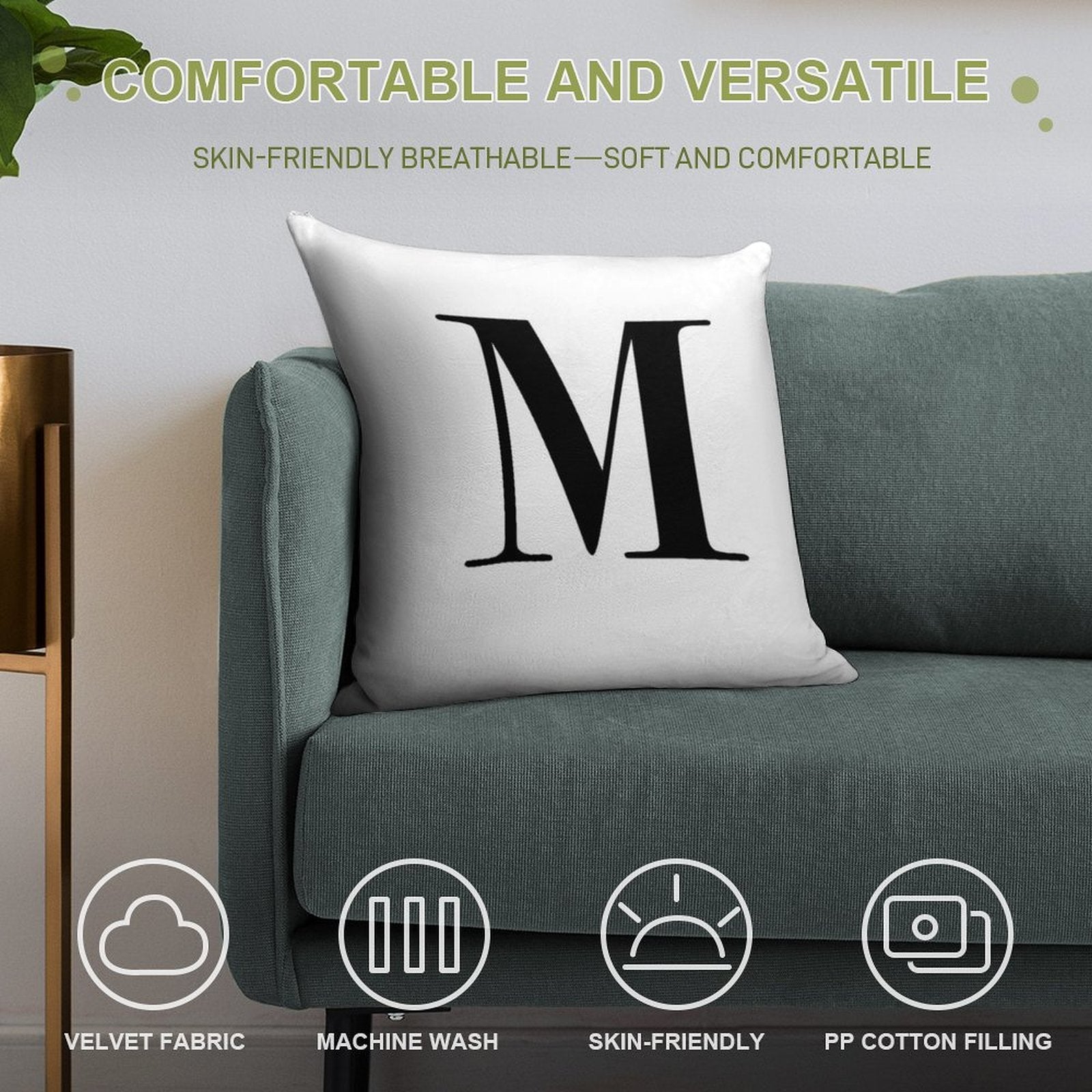 Letter M Monogram Initial Soft Fade-Resistant Throw Pillow