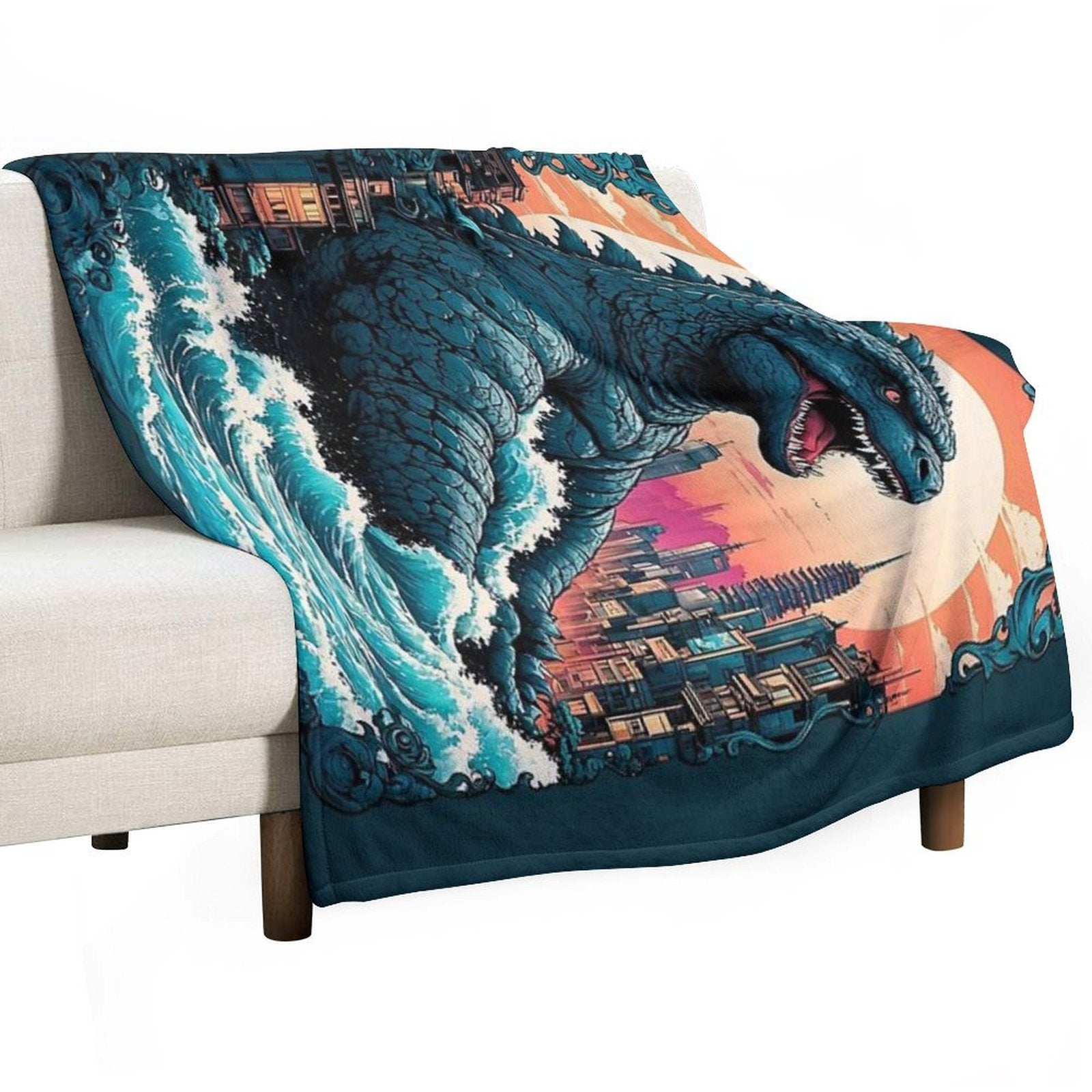 Godzilla Gojira Tokyo City Retro Vintage Ornamental Design Durable Throw Blanket