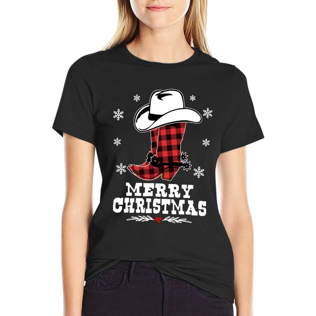 Merry Christmas Cowboy Boots Red Buffalo Plaid Western  Stretchy T-Shirt