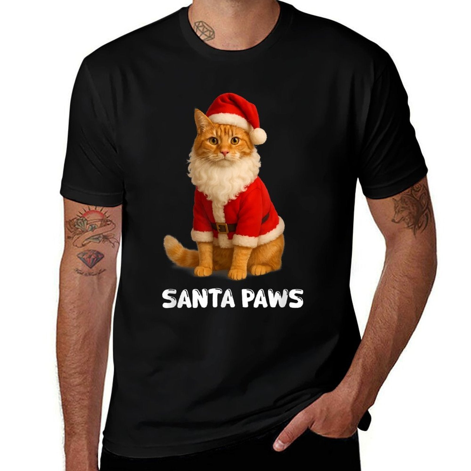 Santa Paws Funny Orange Tabby Cat Christmas Holiday  Lightweight T-Shirt