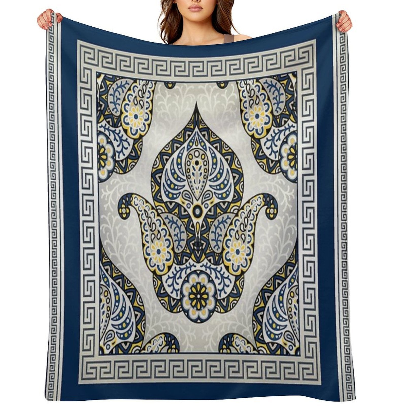 Greek Keys Blue Cream Yellow Intricate Design Plush Throw Blanket