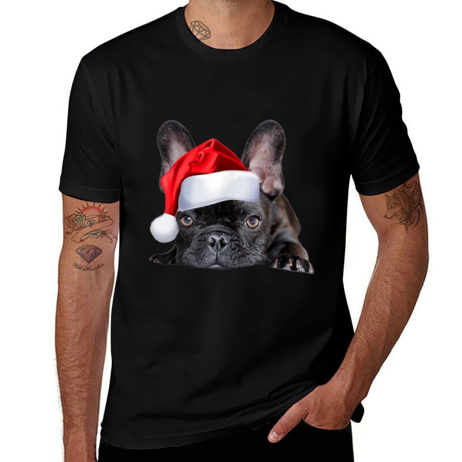 Cute French Bulldog Santa Hat Frenchie Image Christmas Gift  Heathered Texture T-Shirt