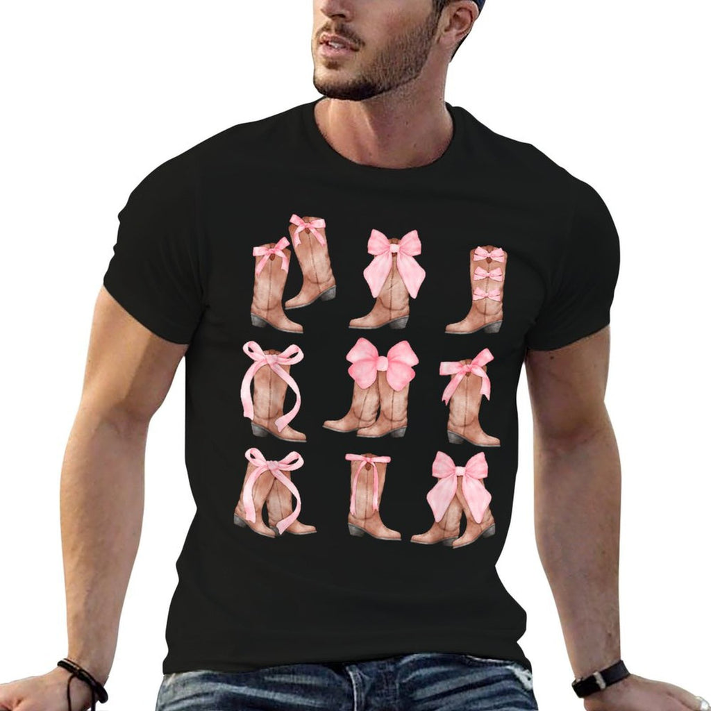 Cowgirl Boots Coquette Aesthetic And Pink Bows  Trendy Pattern T-Shirt
