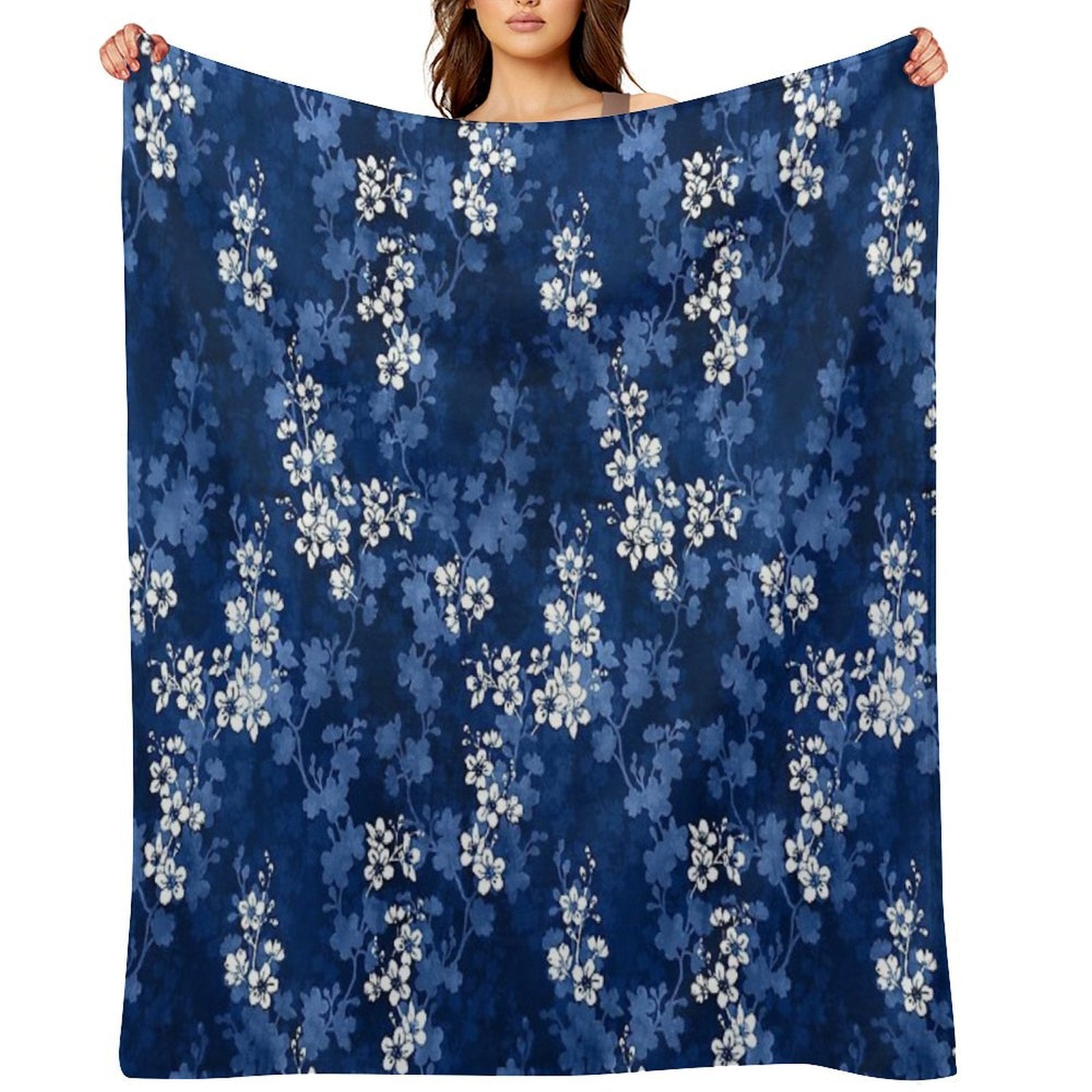 Sakura Blossom in Deep Blue Velvety-soft Throw Blanket