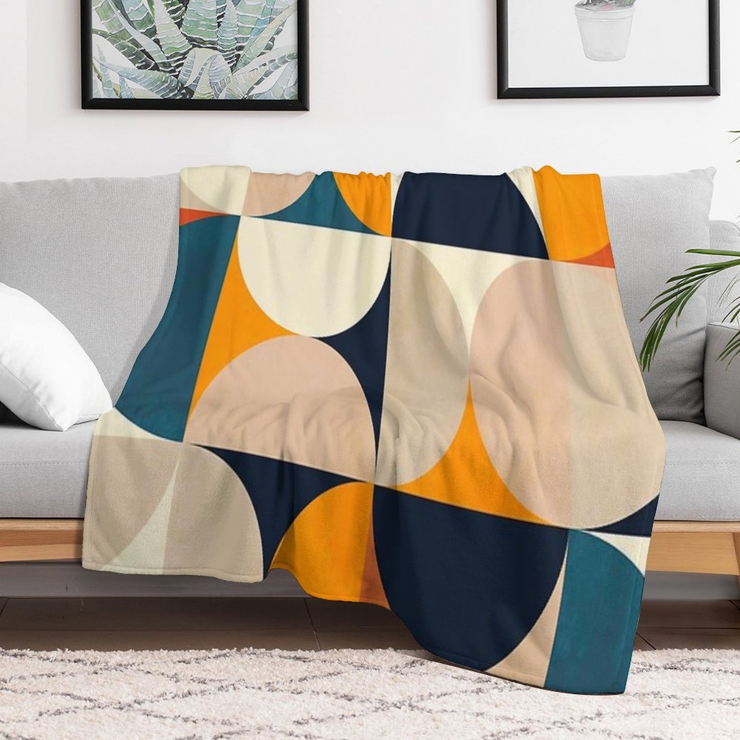 Mid Century Modern, Half Circles, Geometric, Mustard Yellow, Teal. Sand Multi-functional Throw Blanket
