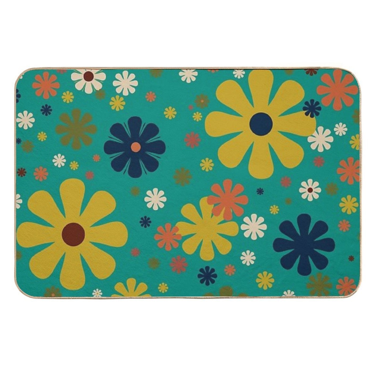 Flowerama - Retro 60s Floral Pattern in Mid Mod Mustard, Olive, Orange, Beige, And Turquoise Teal  Fade-Resistant Bath Mat