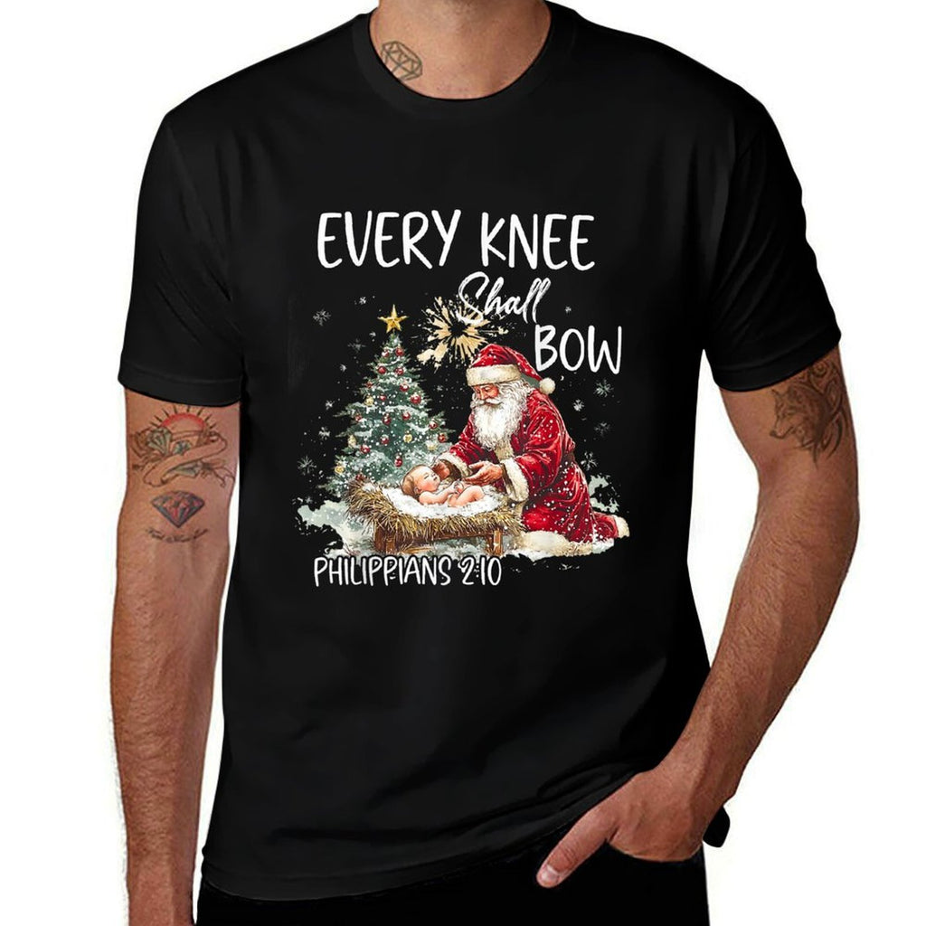 Every Knee Shall Bow Jesus Christian Christmas Santa Pajamas  Cotton T-Shirt
