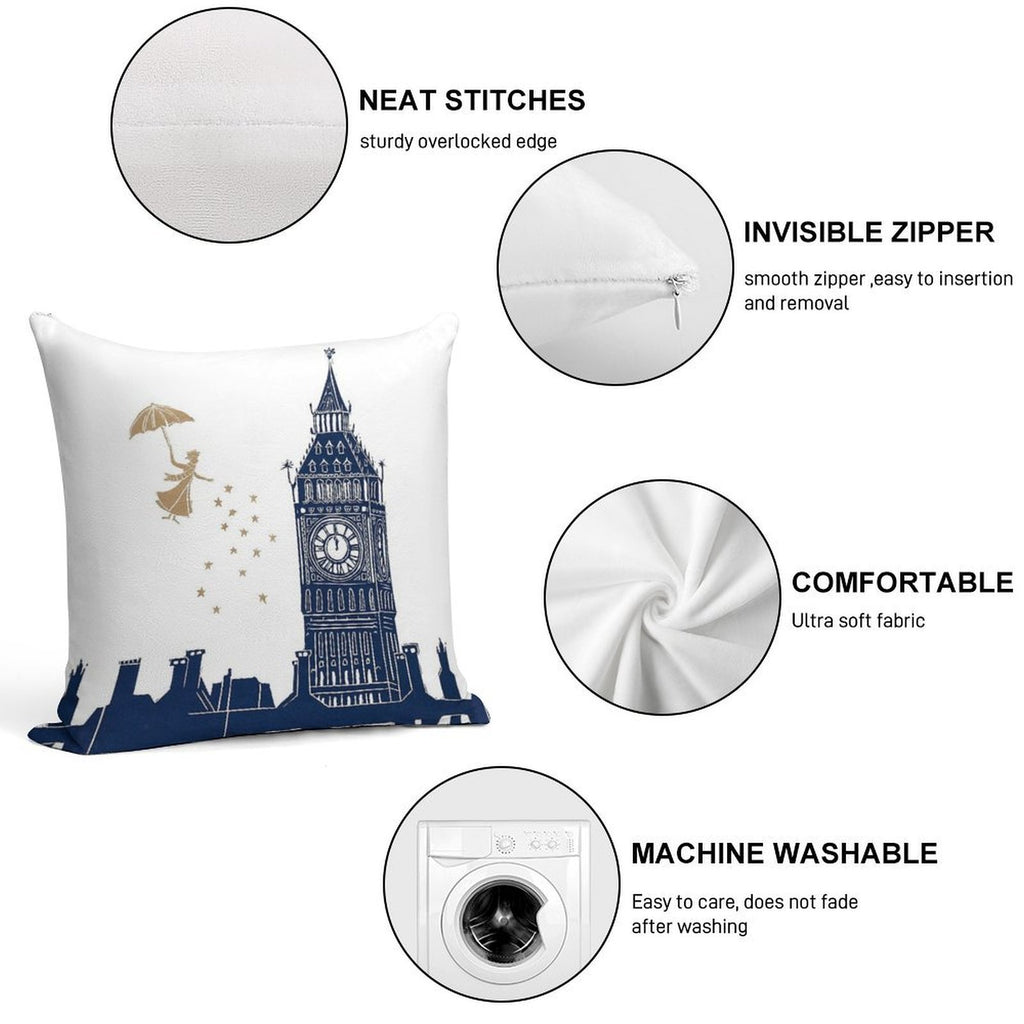 Mary Poppins And Big Ben Linocut Soft Shrink-Resistant Throw Pillow