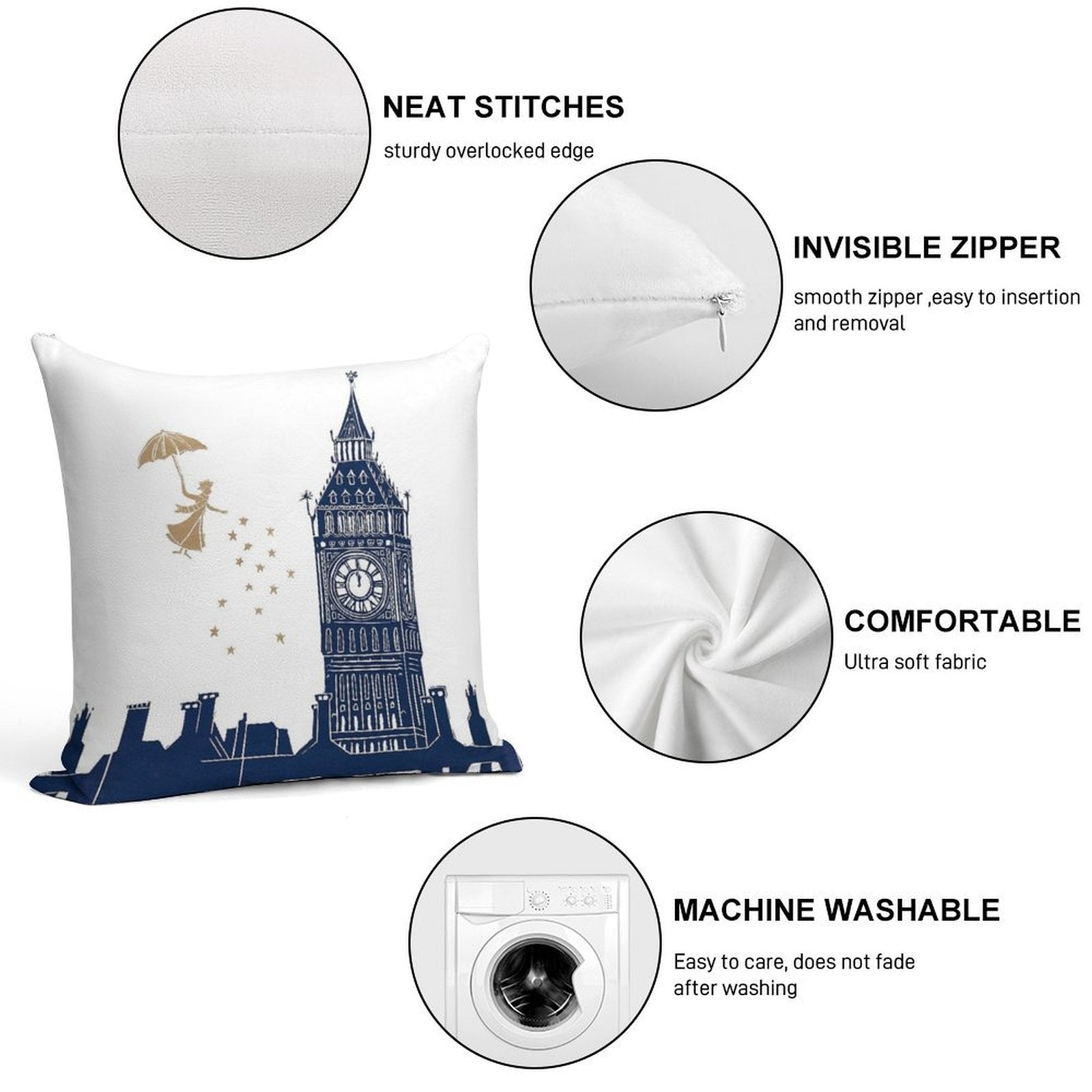 Mary Poppins And Big Ben Linocut Soft Shrink-Resistant Throw Pillow