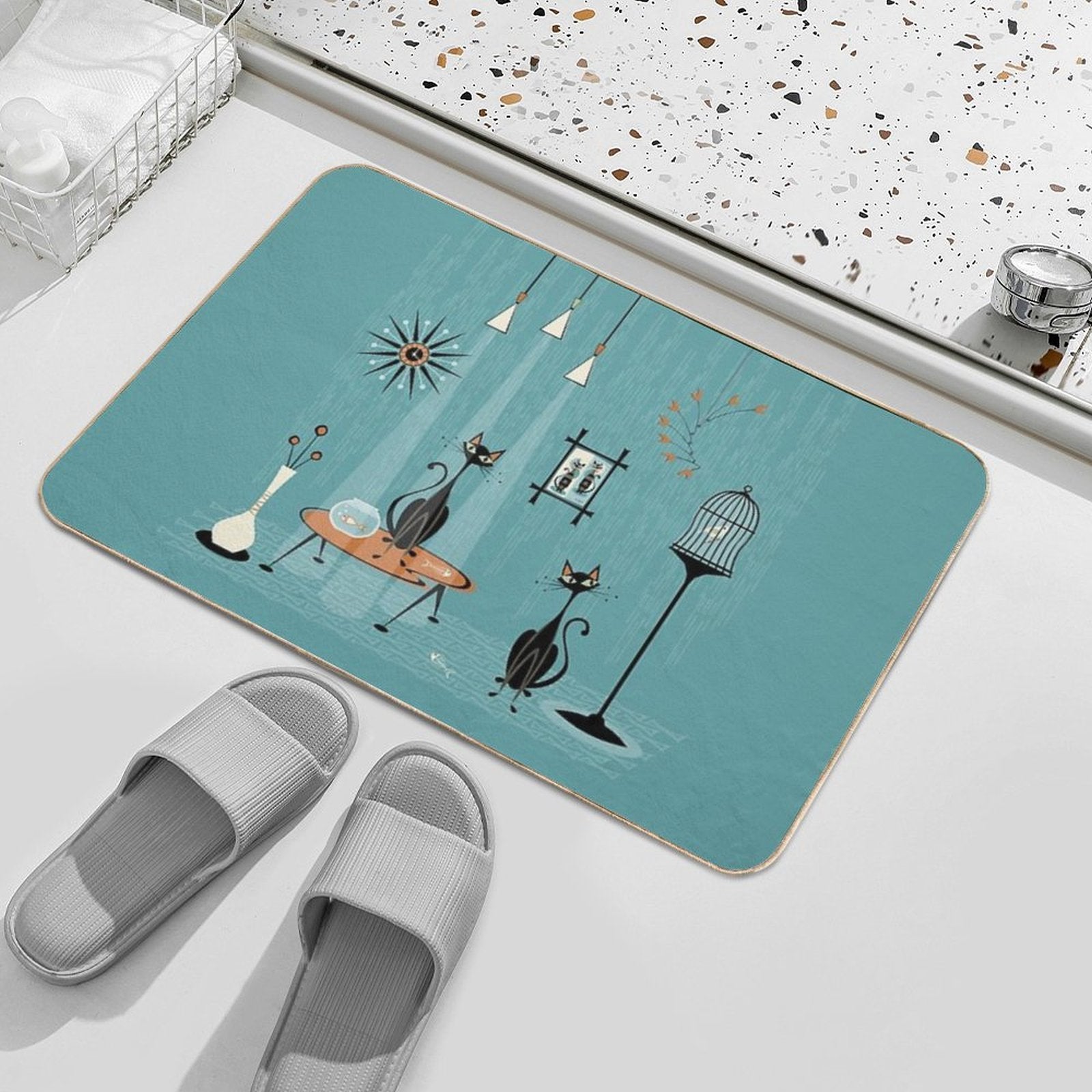 Mid Century Mischief  Cat Red-Handed II  Absorbent Bath Mat