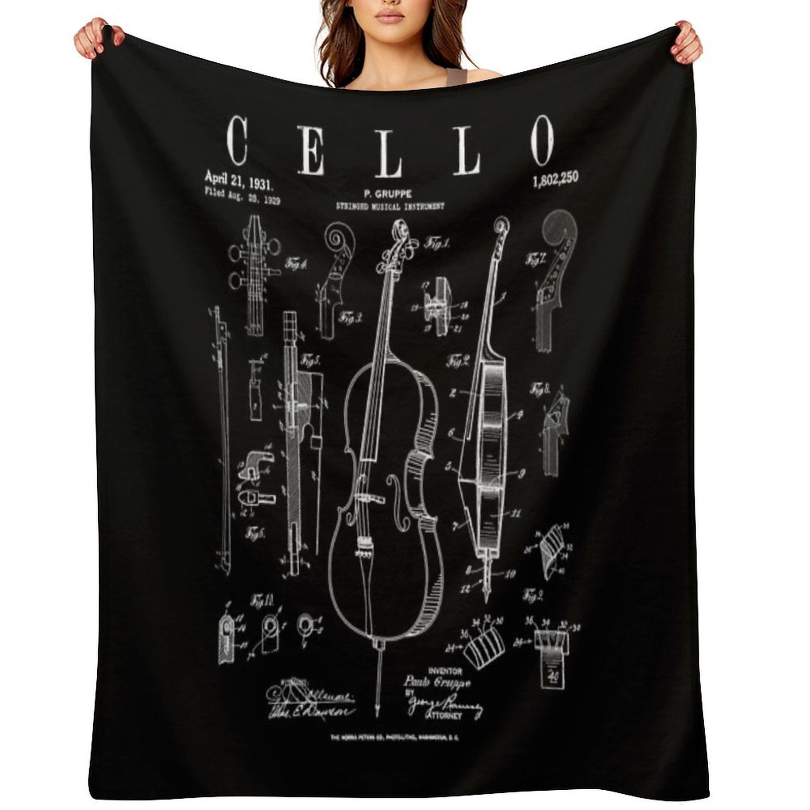 Cello Vintage Patent Cellist Drawing Print Multi-functional Throw Blanket