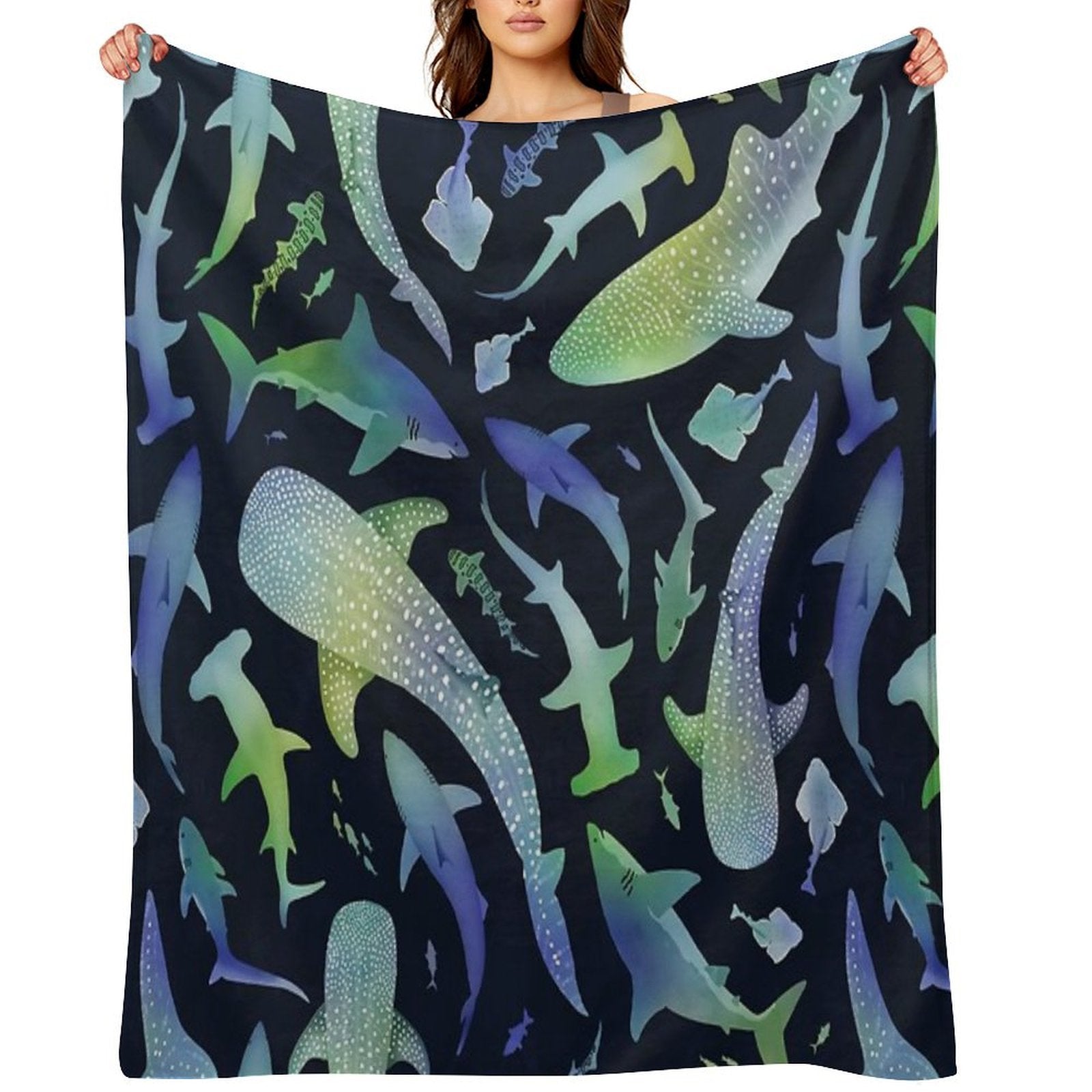 Blue And Green Watercolor Shark Ocean on Dark Navy Blue Travel-friendly Throw Blanket