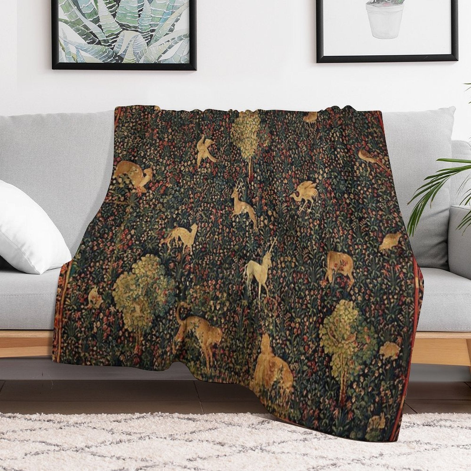 UNICORN AND MEDIEVAL BESTIARY Millefleurs Red Green Floral Tapestry ,Forest Animals, Premium Throw Blanket