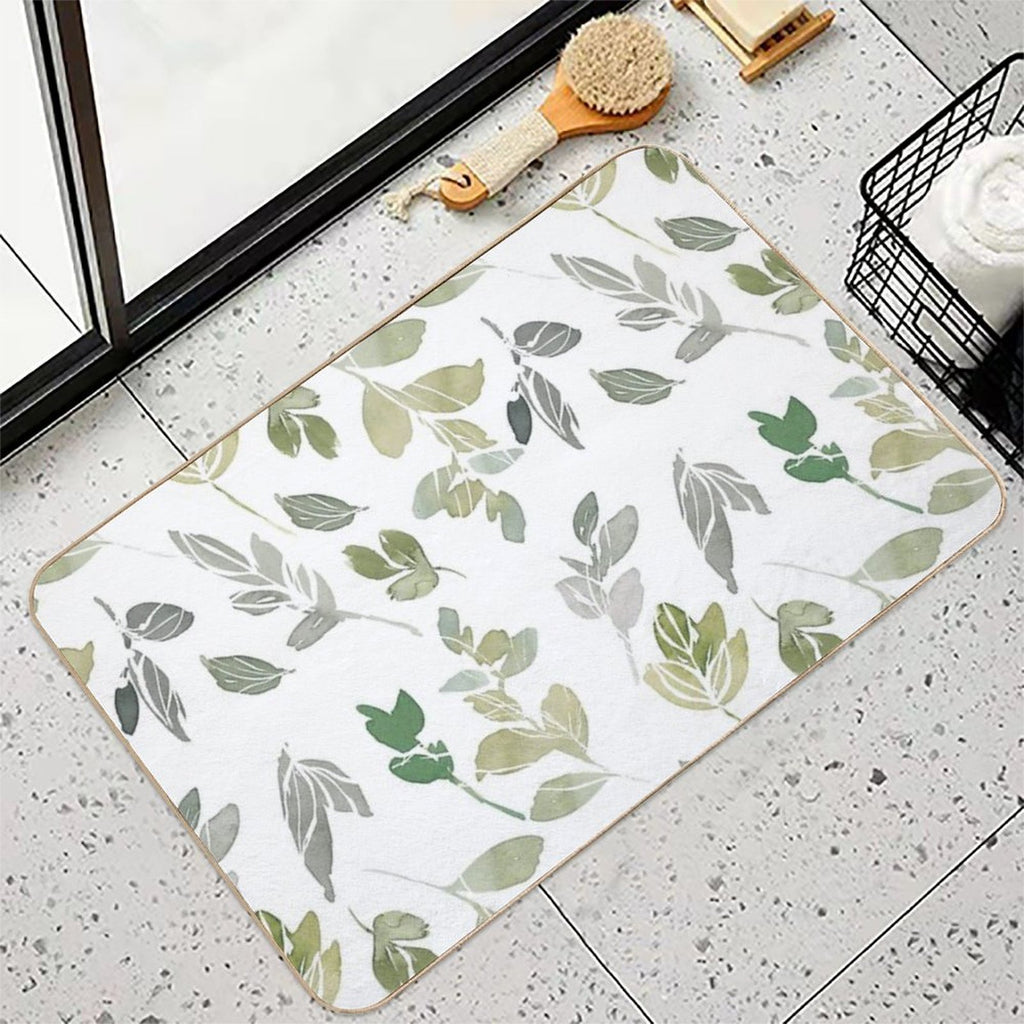 White Watercolor Leaves Pattern  Non-Slip Bath Mat