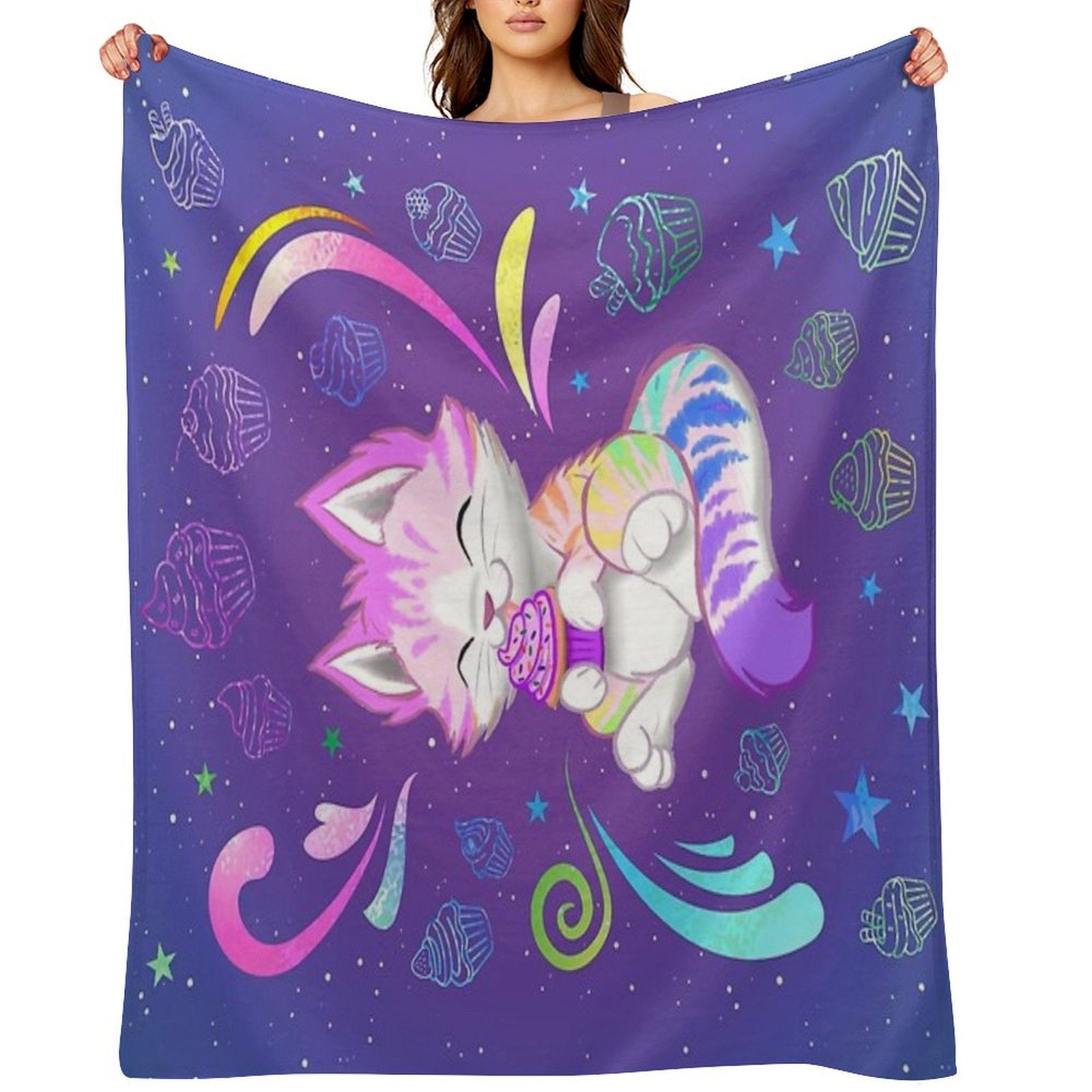 Rainbow Kitty with Cupcake Durable Throw Blanket