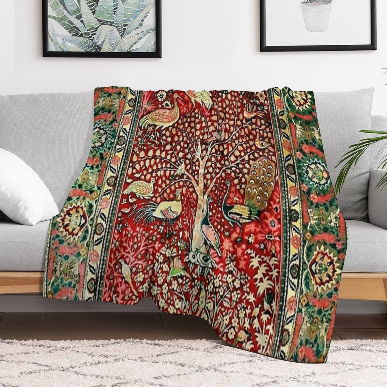 Antique Persian Rug Bird Tree Flowers Ca. 1600 Print Wrinkle-free Throw Blanket