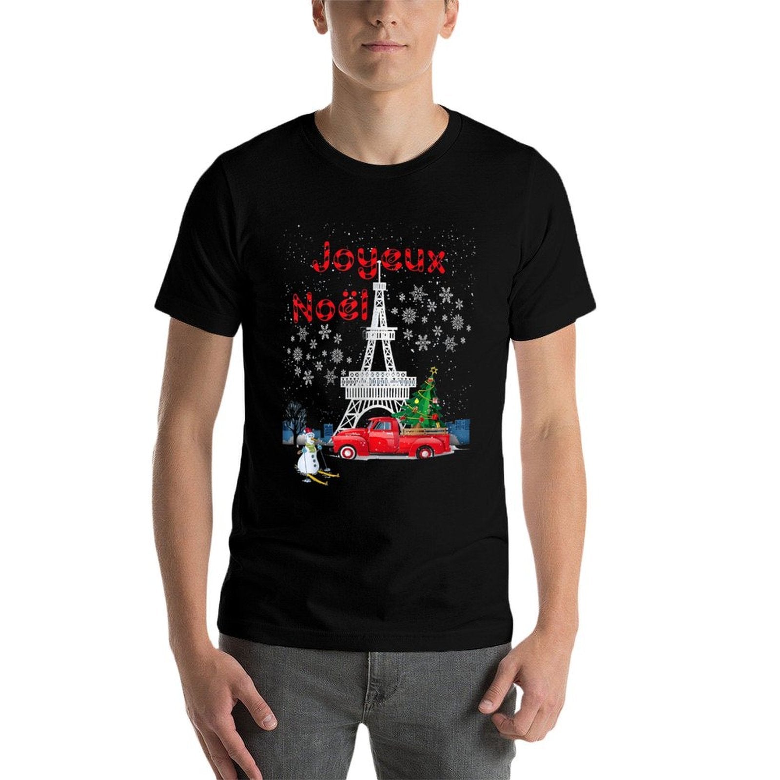 Paris Eiffel Tower Christmas Tree Red Truck Joyeux Noël Gift  Heathered Texture T-Shirt